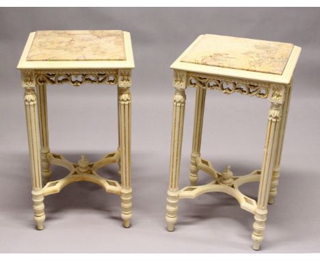 A PAIR OF FRENCH STYLE CREAM PAINTED, MARBLE TOP SQUARE LAMP TABLES. 2ft 4ins high x 1ft 4ins wide.