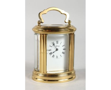 A VERY GOOD SMALL ASPREY FRENCH OVAL CARRIAGE CLOCK, with white dial, black Roman numerals and carrying handle. 3ins high.