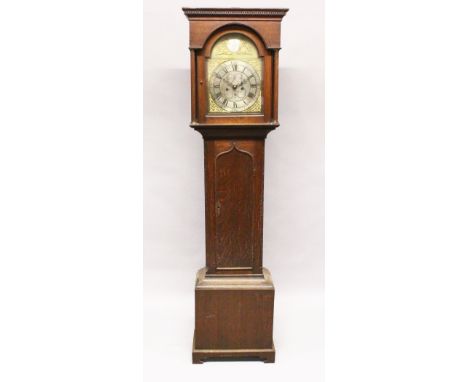 A 19TH CENTURY OAK EIGHT-DAY LONGCASE CLOCK, with arch shape dial, engraved silvered chapter ring and back-plate, ormolu span