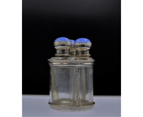 3 Compartment Silver &amp; Enamel topped scent bottles Birmingham 1912.  3 3/4 inches tall