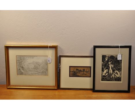 Print after John Buckland Wright - Three nude figures - with pencil drawing of Cows and a 19C drawing of La Riccia, Italy. 