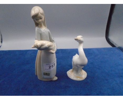 2 LLadro figurines - Girl holding a pig 7" tall and a goose