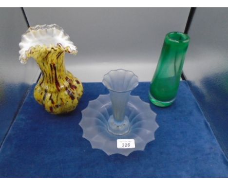 3 mixed vases - light blue pressed glass vase with dish, mulit-coloured vase and ?Whitefriars green vase