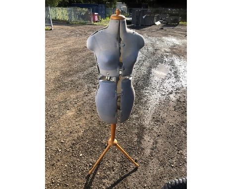 Vintage adjustable dress makers mannequin on wooden tripod base
