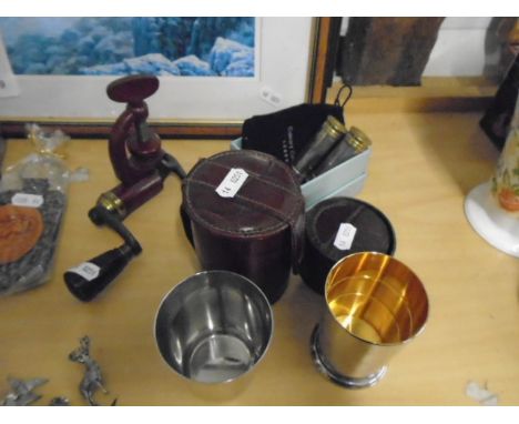 Mixed lot of collectables themed around sporting and shooting to include salt and pepper gun cartridge set, pin made from bir