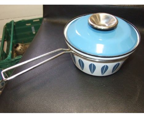 Graduated Set of Catherine Holm Blue &amp; White Enamel Saucepans with metal Stand , Matching Casserole , Kettle &amp; Frying