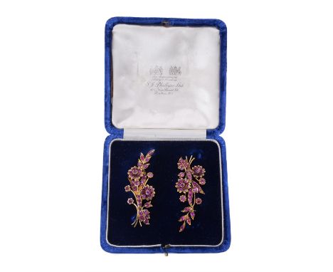 Two similar ruby spray brooches, each brooch set throughout in flower head clusters and foliage with circular cut rubies, unm