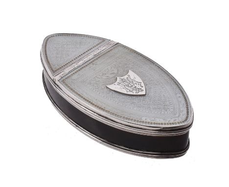 Y A George III silver mounted mother of pearl and tortoiseshell navette shaped snuff box, unmarked, circa 1800, the cover wit