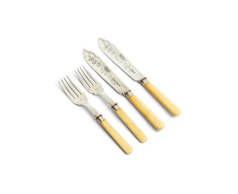 Y A set of twelve silver and ivory fish knives and forks by John Round & Son, Sheffield 1936, the blades engraved with trelli