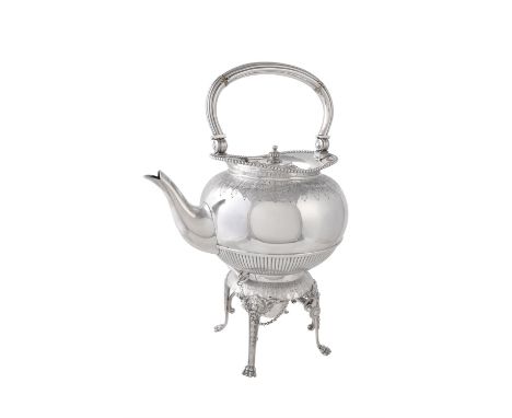 Y A Victorian circular silver kettle on stand by Elkington & Co., London 1873, the reeded loop handle with ivory warming band