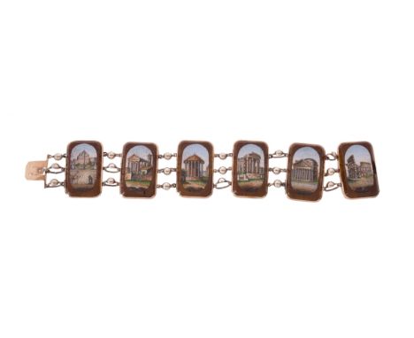 A mid 19th century Italian Grand Tour souvenir micro mosaic bracelet, circa 1850, the rectangular micro mosaic panels showing