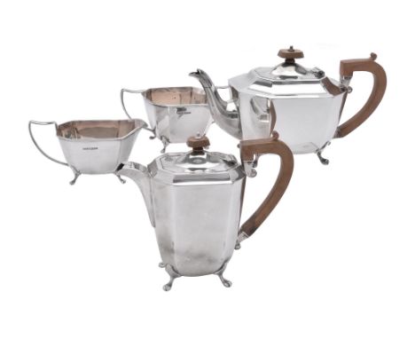 An Edwardian silver octagonal shaped four piece tea set by Harrison Fisher & Co., Sheffield 1938, the tea pot with a composit