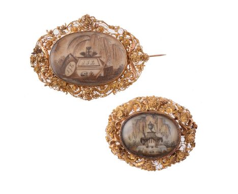 Y A Regency gold cannetille and sepia wash mourning brooch, circa 1820, the oval sepia wash and hair work panel depicting a s