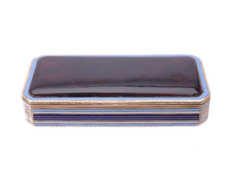 A late 18th century French gold and enamel canted-rectangular snuff box, maker's mark incuse F.J (not traced), indistinct pre