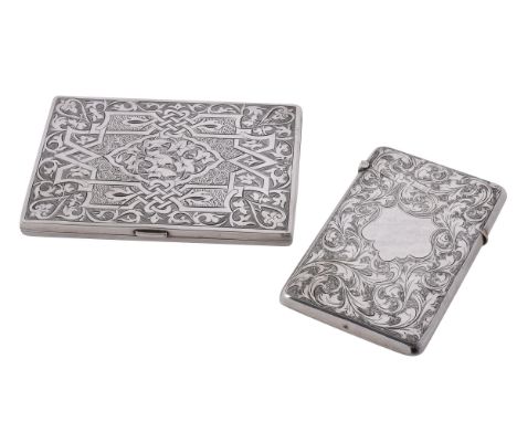 Two silver rectangular card cases, the larger Victorian by Hilliard & Thomason, Birmingham 1880, engraved back and front with