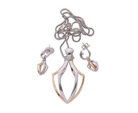 A Quiver pendant and earrings by Theo Fennell, the pierced arrow shaped pendant with a band of brilliant cut diamonds to the 