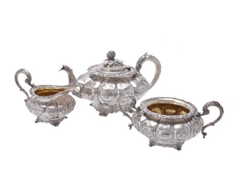 A George and William IV matched silver circular lobed three piece tea set by William Bateman II, London 1829 and 1834, the te