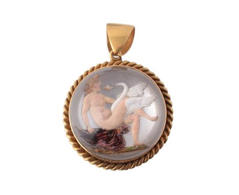 Y A late Victorian reverse painted intaglio pendant, circa 1880, the reverse painted intaglio carved with Leda and The Swan o