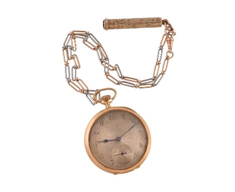 Unsigned,18 carat gold keyless wind open face pocket watch, no. 102203, circa 1909Movement: Lever escapement, 19 jewelsCase: 