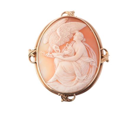 A Victorian shell cameo carved with Hebe and the Eagle, circa 1870, Hebe is seated holding a cup and ewer, with the Eagle dri