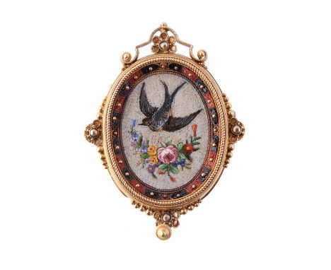 A late 19th century gold and micro mosaic brooch, circa 1880, the oval micro mosaic panel depicting a swallow above a foliate