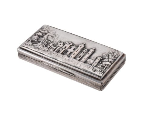 An early Victorian silver castle top snuff box Nathaniel Mills, Birmingham 1838, the cover with Abbotsford in relief, the sid