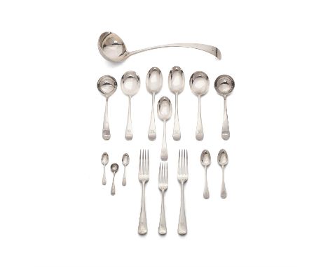 A silver Old English pattern table service for twelve by Josiah Williams & Co. of Bristol, London 1931, engraved 'R', compris