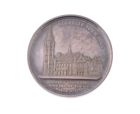 Lancashire, Rochdale, Town Hall opened 1871, silver medal, bust of Mayor Ashworth three-quarters right, rev. view of the town