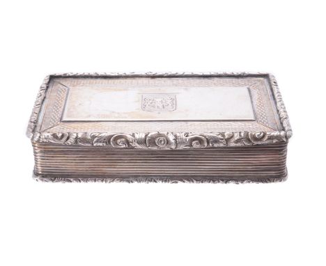 An early Victorian silver rectangular snuff box by Francis Clark, Birmingham 1839, the cover engraved with a shield to the ta