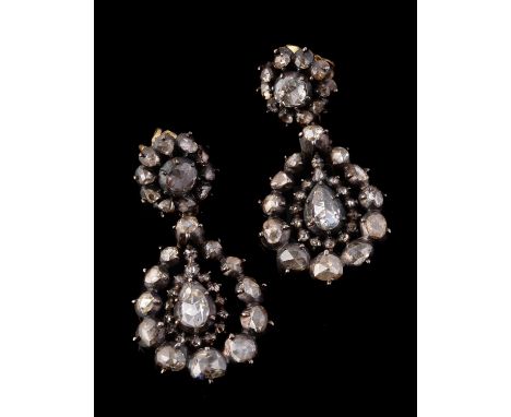 A pair of early 19th century rose cut diamond earrings, circa 1820 and later, the pear shaped rose cut diamond drops suspende