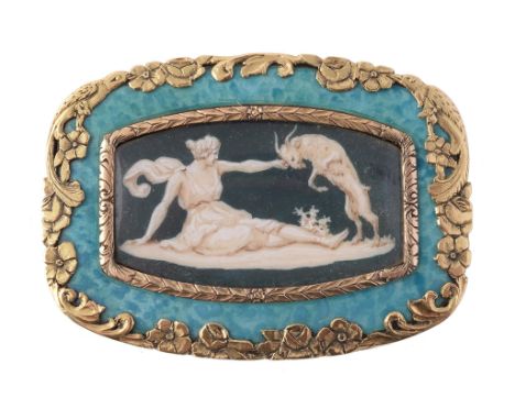 A Continental painted miniature brooch, the central black and white painted panel depicting a nymph reaching out to a ram, po