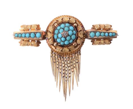 A mid Victorian gold, turquoise and diamond brooch, circa 1860, the central rose cut diamond and turquoise bombé cluster set 