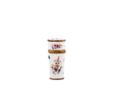 A south Staffordshire tapered oval section enamel etui, circa 1780, painted with flower bouquets and sprays, on a white groun