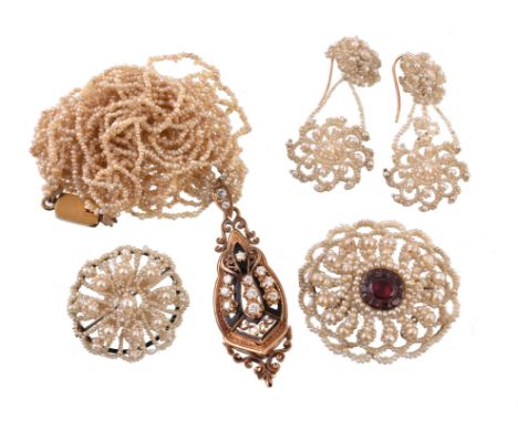 Y A collection of early 19th century seed pearl jewellery, circa 1810, to include a pair of seed pearl ear pendants, the grad