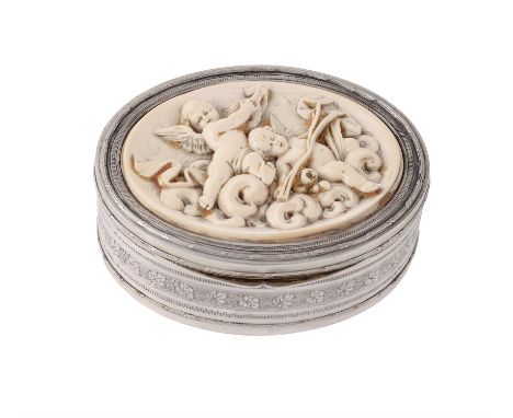 Y A German silver and ivory mounted oval box, post 1886 .800 standard, the cover inset with a carved ivory panel of two cheru