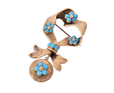 An early Victorian gold and turquoise knot brooch, circa 1850, the chased tied bow top set with cabochon turquoise forget-me-