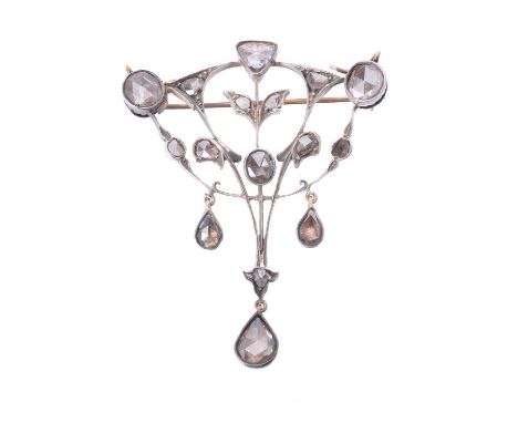 A Continental Art Nouveau diamond brooch/pendant, circa 1900, the open work cartouche collet set with rose cut diamonds in cl