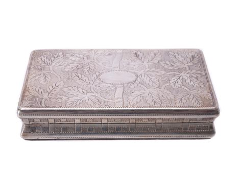 A George III silver rectangular snuff box by William Pugh, Birmingham 1808, engraved with foliate decoration, the cover with 