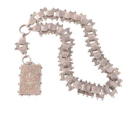 A late Victorian silver collar and locket, circa 1880, the rectangular hinged locket with applied yellow and rose gold decora