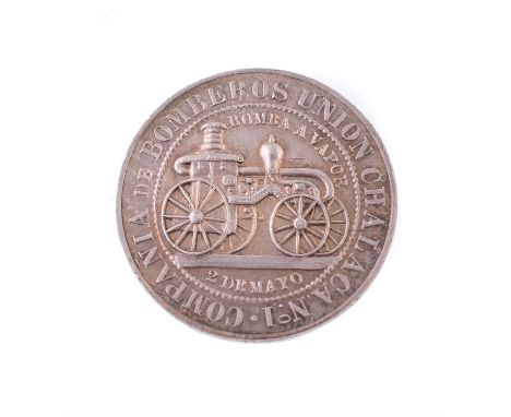 Peru, Compania de Bomberos Union Chalaca, silver medalet, primitive steam engine locomotive, rev. legends, 28mm. Good extreme