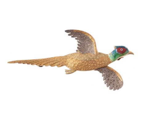 An early 20th century pheasant brooch, with three colour gold plumage and polychrome enamel head, stamped 15ct 18ct, 5cm long
