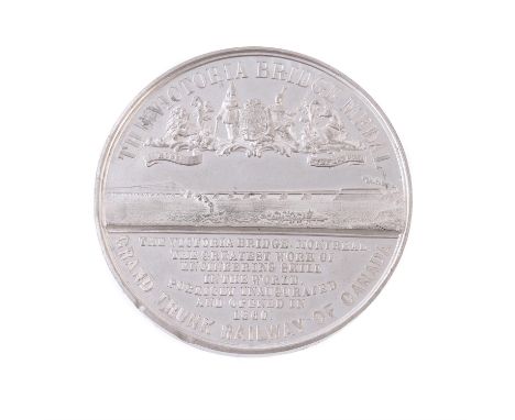 Canada, Grand Trunk Railway of Canada, Montreal, Victoria Bridge Opening 1860, white metal medal by A Hoffnung, view of the b