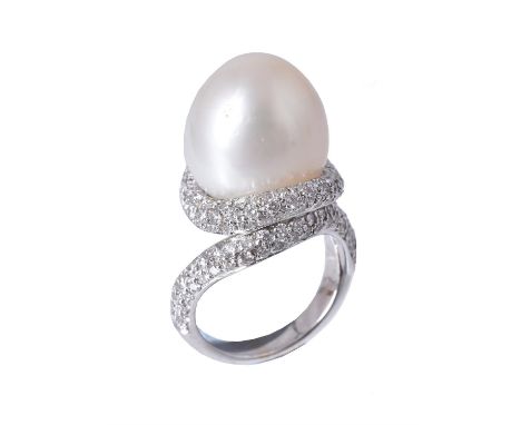 A South Sea cultured pearl and diamond dress ring, the 15mm South Sea cultured pearl within a surround of brilliant cut diamo