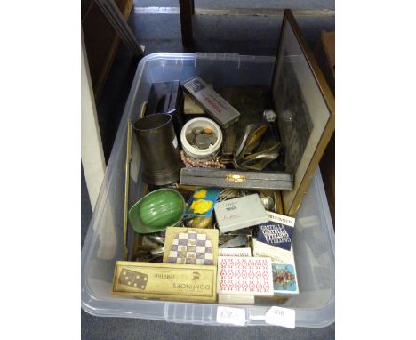 Box Containing an Assortment of Cutlery, Playing Cards, Goggles, Print, Coinage, Pewter Mug, etc. 