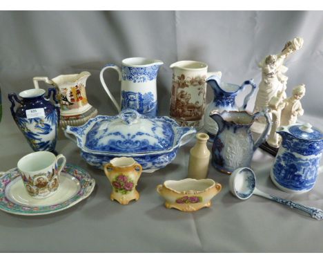 Table Lot; Selection of Jug, Nao Figurines, Blue & White Tureen, etc. 