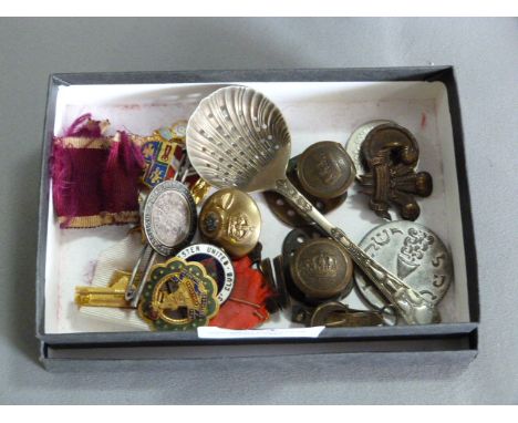 Small Box Containing Military Buttons, Enamel Badges, etc. 