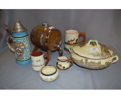 Royal Doulton Tureen, Barrel Decanter, Torquay Ware and a Stein Mug 