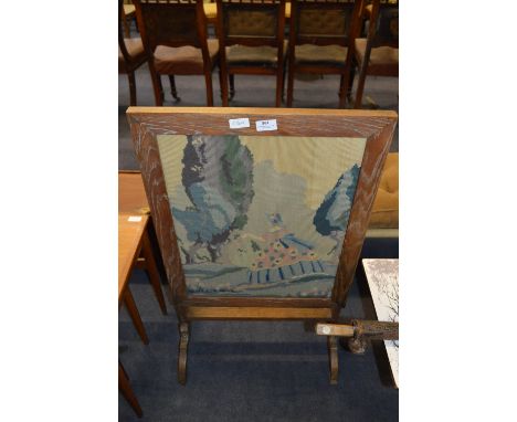 Oak Framed Firescreen Table with Woolwork Panel 