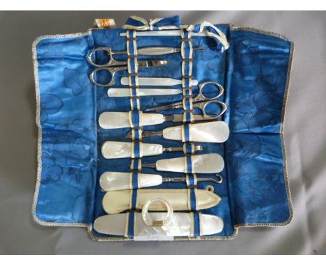 Needlework Case with Mother of Pearl Handled Tools 