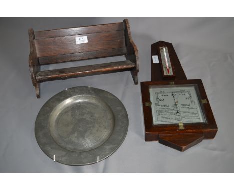 Oak Bookshelf, Barometer and Pewter Plate 
